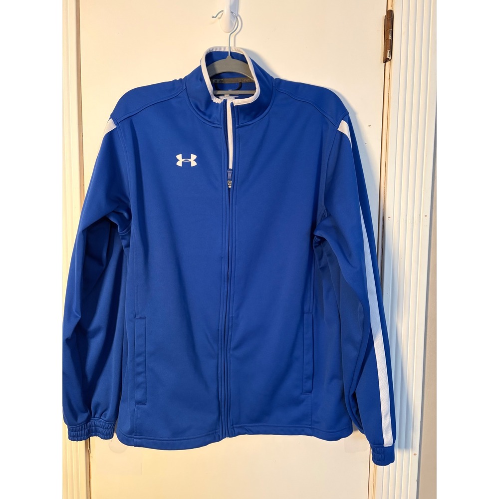 Under Armour Mens ColdGear Full Zip Track Jacket Blue White Loose Fit Medium